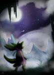  2017 absurd_res anthro canine cave class_zero clothed clothing comet detailed_background digital_media_(artwork) e-01 female fog fur gloeing grass green_fur hair hi_res mammal moon mountain multicolored_fur night outside planet plant scarf shooting_star sky solo star starry_sky two_tone_fur white_fur wolf zero_one 