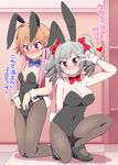  animal_ears black_leotard blue_bow blue_neckwear blush bow bowtie breast_envy breasts bunny_ears bunny_tail bunnysuit celebi_ryousangata cleavage dark_illuminate detached_collar drill_hair idolmaster idolmaster_cinderella_girls kanzaki_ranko kneeling leotard looking_at_viewer medium_breasts multicolored_hair multiple_girls ninomiya_asuka orange_hair pantyhose pink_hair pose purple_eyes red_bow red_eyes red_neckwear silver_hair small_breasts strapless strapless_leotard tail translated twintails wrist_cuffs 