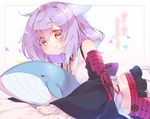  artist_name breasts detached_sleeves looking_at_viewer lying medium_breasts midriff okou_(oshiro_project) on_stomach orange_eyes oshiro_project oshiro_project_re purple_hair shaneru smile solo stuffed_animal stuffed_toy translated whale 