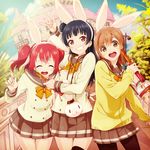  3girls :d animal_ears bangs black_hair bow bowtie brown_hair bunny_ears cardigan churro commentary_request double-breasted fake_animal_ears food gesture grin group_picture hairband highres holding holding_food kunikida_hanamaru kurosawa_ruby long_hair long_sleeves looking_at_viewer love_live! love_live!_sunshine!! miniskirt multiple_girls open_mouth pantyhose pleated_skirt pouch red_eyes red_hair school_uniform serafuku side_bun skirt smile tsushima_yoshiko two_side_up uranohoshi_school_uniform yellow_bow yellow_eyes yellow_neckwear 