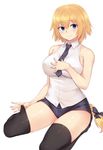  bangs bare_shoulders black_legwear blonde_hair blue_eyes blue_neckwear blush bow braid breasts closed_mouth cold_(hoshinoskull) commentary_request eyebrows_visible_through_hair fate/apocrypha fate_(series) hair_bow hand_on_own_chest highres jeanne_d'arc_(fate) jeanne_d'arc_(fate)_(all) large_breasts long_hair looking_at_viewer necktie seiza shiny shiny_skin shirt shorts simple_background single_braid sitting sleeveless sleeveless_shirt smile solo thighhighs thighs very_long_hair white_background white_shirt 