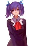  blue_ribbon blush character_request d.gray-man doren eyebrows_visible_through_hair hair_ribbon highres looking_at_viewer parted_lips purple_eyes purple_hair ribbon short_hair short_twintails smile solo teeth twintails upper_body 