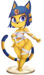  2017 3_toes animal_crossing ankha anthro areola blue_eyes blue_hair breasts cat egyptian feline female hair hi_res krayboost looking_at_viewer mammal navel nintendo nipples pussy short_hair simple_background solo toes video_games white_background wraps 