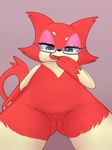  2017 anthro eyelashes eyewear fangs feline female glasses green_eyes hi_res looking_at_viewer low-angle_view mammal nintendo open_mouth pinkcappachino pok&eacute;mon purrloin pussy simple_background solo video_games 