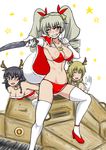  3girls anchovy bikini black_hair blonde_hair blush breasts carpaccio collarbone drill_hair girls_und_panzer green_hair hair_ornament hair_ribbon large_breasts navel pepperoni_(girls_und_panzer) red_bikini red_eyes ribbon simple_background smile swimwear thighhighs twintails white_background wink yasumon 