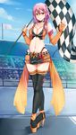  black_legwear blush breasts checkered checkered_flag cleavage eyebrows_visible_through_hair flag guilty_crown high_heels highres holding holding_flag large_breasts long_hair looking_at_viewer navel orange_eyes pink_hair race_queen rixch smile solo thighhighs yuzuriha_inori 