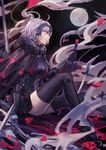  ahoge armor armored_dress black_gloves black_legwear capelet chain elbow_gloves fate/grand_order fate_(series) flower fur_trim gauntlets gloves grey_hair headpiece highres holding holding_sword holding_weapon jeanne_d'arc_(alter)_(fate) jeanne_d'arc_(fate)_(all) mento moon planted_sword planted_weapon rose short_hair sitting smile solo sword weapon yellow_eyes 