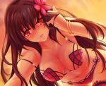  adjusting_hair ahsiu all_fours arm_support bangs bikini blush bracelet breasts brown_hair cleavage collarbone commentary eyebrows_visible_through_hair fate/grand_order fate_(series) flower from_below hair_flower hair_intakes hair_ornament hibiscus highres jewelry large_breasts long_hair looking_at_viewer navel open_mouth parted_lips purple_bikini red_eyes revision scathach_(fate)_(all) scathach_(swimsuit_assassin)_(fate) sky solo strap_slip sweat swimsuit 