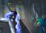  2017 begasuslu blue_hair changeling computer duo equine feathered_wings feathers female feral friendship_is_magic green_eyes green_hair hair horn inside mammal my_little_pony night nightmare_moon_(mlp) queen_chrysalis_(mlp) royalty slit_pupils winged_unicorn wings 