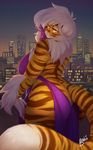  2017 anthro big_breasts breasts buxbi buxbi_(character) city clothed clothing dress feline female hair looking_at_viewer looking_back mammal rear_view signature skimpy solo standing thick_thighs tiger watermark white_hair yellow_eyes 