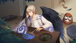  black_wings candle daitengu daruma_doll fan grey_eyes highres indoors light_brown_hair looking_at_viewer male_focus onmyoji paper_fan plant solo wide_sleeves wings zhanyong_bu 