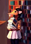  2016 anthro black_eyes black_hair blurred_background book brown_fur brown_nose clothed clothing digital_media_(artwork) digital_painting_(artwork) dress elephant_shrew female front_view fur gloves_(marking) hair hi_res holding_book holding_object humanoid_hands inside library long_nose mammal markings open_jacket ponytail portrait potential-trash shrew solo standing three-quarter_portrait white_dress 