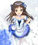  blush brown_eyes brown_hair dress gloves idolmaster idolmaster_cinderella_girls idolmaster_cinderella_girls_starlight_stage long_hair looking_at_viewer mizuki_makoto open_mouth pocket_watch pointing smile solo starry_sky_bright tachibana_arisu thighhighs tiara watch white_gloves 