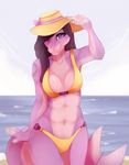  2017 anthro beach bikini bite_mark breasts clothed clothing digital_media_(artwork) female fish hair hat kristiana_puff looking_at_viewer marine navel outside purple_eyes purple_skin seaside shark solo swimsuit water 