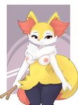  2017 anthro areola braixen breasts canine dipstick_tail eyelashes female fur hi_res holding_object inner_ear_fluff looking_at_viewer mammal multicolored_fur multicolored_tail nintendo nipples pinkcappachino pok&eacute;mon pussy smile solo stick video_games 