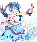  :d aburidashi_zakuro alternate_breast_size armlet armpit_peek bangs bare_shoulders between_fingers blue_angel blue_hair blue_neckwear blue_ribbon blue_shirt blue_skirt blush breasts card clover covered_navel covered_nipples crop_top earrings eyebrows_visible_through_hair facial_tattoo four-leaf_clover hair_ornament hair_ribbon heart heart_earrings highlights holding holding_card jewelry large_breasts long_hair looking_away multicolored_hair necktie open_mouth outstretched_arm purple_eyes rectangle ribbon shiny shiny_clothes shiny_skin shirt skirt sleeveless sleeveless_shirt smile solo standing tattoo taut_clothes taut_shirt trickstar_reincarnation twintails white_background white_shirt white_wings wings wristband yuu-gi-ou yuu-gi-ou_vrains zaizen_aoi 