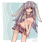  aioi_aoi animal_ears breasts bunny_ears dated hair_between_eyes large_breasts long_hair looking_at_viewer microskirt navel purple_hair red_eyes reisen_udongein_inaba sailor_collar shirt short_sleeves skirt solo striped striped_skirt sweatdrop tied_shirt touhou underboob 