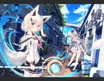  :3 :d ahoge animal_ears balcony bangs blue_bow blue_eyes blue_neckwear blue_ribbon blue_sky bow bowtie bridge building chair city cloud commentary_request day door ears_through_headwear eyebrows_visible_through_hair fence fox_ears fox_girl fox_tail hair_ornament hairclip hat hat_ribbon highres holding holding_staff hood hood_down hooded_jacket jacket kneehighs lamp long_hair long_sleeves looking_at_viewer looking_back misaki_yuu multiple_girls open_mouth original outdoors pavement plant pleated_skirt pointing red_bow red_neckwear ribbon road rolling_suitcase sailor_collar shadow shirt shoes short_hair short_sleeves skirt sky smile staff street sun_hat sunlight table tail thick_eyebrows white_hair white_legwear window yellow_eyes 