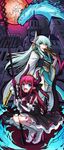  absurdres aqua_hair asymmetrical_horns blue_eyes boots dragon dragon_horns dragon_tail elizabeth_bathory_(fate) elizabeth_bathory_(fate)_(all) empty_eyes eyebrows_visible_through_hair fan fang fate/grand_order fate_(series) folding_fan full_moon hair_ornament hair_ribbon high_heel_boots high_heels highres horns japanese_clothes kiyohime_(fate/grand_order) lance long_hair mansion moon multiple_girls obi open_mouth ota_tamashi pink_hair pointy_ears polearm red_moon ribbon sash smirk smug squatting subwoofer tail thighhighs two_side_up weapon white_legwear yellow_eyes 