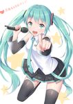  :d aqua_eyes aqua_hair aqua_neckwear bangs bare_shoulders black_legwear black_skirt collared_shirt commentary detached_sleeves eyebrows_visible_through_hair fingernails foreshortening hair_ornament hatsune_miku heart highres holding holding_microphone ji_dao_ji leg_up long_hair looking_at_viewer microphone necktie open_mouth outstretched_arm pleated_skirt pointing pointing_at_viewer see-through shiny shiny_hair shirt skirt sleeveless sleeveless_shirt smile solo standing standing_on_one_leg star starry_background thighhighs translated twintails very_long_hair vocaloid white_background white_shirt wing_collar zettai_ryouiki 