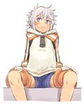  boxers fur_trim hood hooded_jacket jacket looking_at_viewer male_focus male_underwear plaid rai_(summon_night) short_hair simple_background sitting summon_night summon_night_4 sweatdrop underwear white_background yuushitessen 