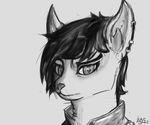  2017 absurd_res anthro black_hair cat clothing ear_piercing feline female fur hair hi_res inner_ear_fluff leafyii mammal monochrome piercing portrait sketch white_fur 