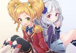  aikatsu!_(series) aikatsu_stars! black_legwear blonde_hair blush epaulettes green_eyes hair_bobbles hair_ornament kneehighs long_hair looking_at_viewer multiple_girls nikaidou_yuzu open_mouth parted_lips red_eyes s4_uniform shirogane_lilly short_hair short_twintails sitting smile thighhighs twintails white_hair yuki_shiro 