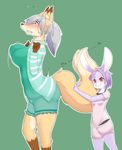  2017 anthro blush breasts canine clenched_teeth clothing denyfake duo female fox fur green_background hair inner_ear_fluff kemono lagomorph mammal nipple_bulge orange_fur outline purple_fur rabbit red_eyes shorts side_view silver_hair simple_background standing surprise tail_hug teeth 