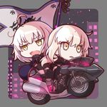  ahoge artoria_pendragon_(all) blonde_hair chibi eyebrows_visible_through_hair fate/grand_order fate/stay_night fate_(series) flag ground_vehicle holding holding_flag jeanne_d'arc_(alter)_(fate) jeanne_d'arc_(fate)_(all) looking_away motor_vehicle motorcycle multiple_girls open_mouth saber_alter short_hair smile white_hair wicked_dragon_witch_ver._shinjuku_1999 yellow_eyes yuki_shiro 