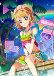  aikatsu! aikatsu!_(series) aikatsu!_photo_on_stage!! anklet beads between_legs blonde_hair bow bush character_name flower hand_between_legs hibiscus highlights jewelry multicolored multicolored_clothes multicolored_hair natsuki_mikuru necklace night night_sky palm_tree pink_eyes ponytail rainbow road_sign route_66 sign sitting sky sleeveless star tree water water_drop yellow_bow 