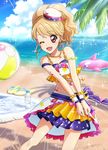  aikatsu! aikatsu!_(series) aikatsu!_photo_on_stage!! anchor_earrings anchor_symbol ball bangs beach beachball blonde_hair chain cloud day earrings flip-flops frills hat highlights highres inflatable_dolphin inflatable_toy jewelry multicolored_hair natsuki_mikuru necklace ocean one_eye_closed open_mouth outdoors palm_tree pink_eyes ponytail sailor_hat sand sandals shirt skirt sky sleeveless sleeveless_shirt smile sunlight tree water 