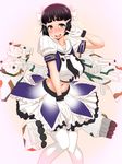  :d \m/ adapted_costume black_hair blush breasts brown_eyes cosplay gloves highres huge_breasts kantai_collection midriff myoukou_(kantai_collection) naka_(kantai_collection) naka_(kantai_collection)_(cosplay) navel open_mouth r44 short_hair smile solo turret white_gloves white_legwear 
