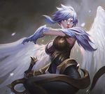  angel_wings blue_eyes breasts cleavage closed_mouth dao_trong_le dawnbringer_riven feathered_wings glowing glowing_eyes highres league_of_legends lips looking_at_viewer medium_breasts nose red_lips riven_(league_of_legends) short_hair solo standing sword weapon white_hair white_wings wings 