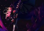  bangs black_background blue_eyes bodysuit claws cleavage_cutout dragon_horns dragon_tail elizabeth_bathory_(corroded) elizabeth_bathory_(fate) elizabeth_bathory_(fate)_(all) fate/extella fate/extra fate/extra_ccc fate_(series) from_side grin highres holding holding_weapon horns lance long_hair looking_at_viewer navel_cutout pink_hair pointy_ears polearm sarkany_csont_landzsa skirt smile solo sunga2usagi tail teeth weapon wings 
