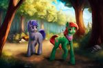  blue_hair bow cutie_mark day detailed_background duo equine fan_character grass hair hooves horn l1nkoln mammal my_little_pony outside purple_eyes smile standing tree unicorn 