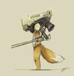  2017 ambiguous_gender anthro canine cybernetics cyborg fox green_background gun machine mammal panzery25 ranged_weapon side_view signature simple_background standing weapon 