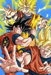  black_eyes black_hair blonde_hair blue_background clone dougi dragon_ball dragon_ball_z energy fighting_stance green_eyes grin highres long_hair looking_at_viewer multiple_boys official_art open_mouth outstretched_arms outstretched_hand short_hair smile son_gokuu spiked_hair super_saiyan super_saiyan_3 very_long_hair wristband 