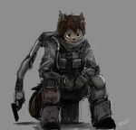  2017 anthro bulletproof_vest canine clothed clothing grey_background gun handgun holding_object holding_weapon male mammal panzery25 pistol ranged_weapon robot_arm scarf signature simple_background sitting solo weapon wolf 