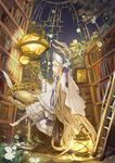  absurdly_long_hair absurdres blonde_hair book bookshelf candlestand chair from_side graphite_(medium) highres ladder lantern long_hair night night_sky open_book original remosse512 sitting sky star_(sky) starry_sky traditional_media very_long_hair 