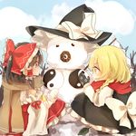  :d apron black_hair blonde_hair bow braid detached_sleeves frilled_shirt_collar frilled_skirt frills gohei hair_bow hair_ribbon hair_tubes hakurei_reimu hat kirisame_marisa kosencha large_bow long_hair mini-hakkero mittens multiple_girls open_mouth puffy_short_sleeves puffy_sleeves ribbon ribbon-trimmed_sleeves ribbon_trim scarf short_sleeves side_braid single_braid skirt smile snow snowman sweat touhou v-shaped_eyebrows waist_apron wide_sleeves witch_hat yin_yang_orb 