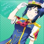  adjusting_clothes adjusting_hat anibache ascot blue_hair blue_hat blush dated earrings epaulettes eyebrows_visible_through_hair gloves green_background happy_birthday happy_party_train hat jewelry looking_at_viewer love_live! love_live!_sunshine!! matsuura_kanan parted_lips purple_eyes short_sleeves smile solo teeth train_conductor upper_body white_gloves 