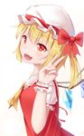  :d ascot bangs blonde_hair commentary_request crystal eyebrows_visible_through_hair fang flandre_scarlet frilled_shirt_collar frills hair_between_eyes hand_up hat hat_ribbon highres ji_dao_ji looking_at_viewer looking_to_the_side mob_cap open_mouth puffy_short_sleeves puffy_sleeves red_eyes red_ribbon red_vest ribbon shiny shiny_hair shirt short_sleeves side_ponytail simple_background smile solo touhou upper_body v vest white_background white_hat white_shirt wings wrist_cuffs 