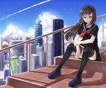  bangs black_hair black_legwear black_serafuku black_skirt blue_sky building cityscape closed_mouth cloud collarbone commentary_request condensation_trail day flag full_body grass ji_dao_ji loafers long_hair looking_at_viewer neckerchief original outdoors railing red_eyes red_neckwear school_uniform serafuku shadow shiny shiny_hair shoes short_sleeves sitting skirt sky skyscraper smile solar_panel solo stairs straight_hair striped striped_skirt thighhighs wind 