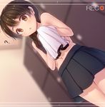 :o ? braid brown_eyes brown_hair commentary dutch_angle kantai_collection long_hair looking_at_viewer minarai_shachou parted_lips pleated_skirt recording shirt_removed skirt solo topless uranami_(kantai_collection) viewfinder 