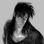  closed_mouth commentary frown greyscale highres itou_kaiji kaiji long_hair looking_at_viewer male_focus monochrome scar shirt shishinnonoii solo upper_body 