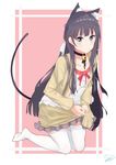  2017 absurdres animal_ears bad_id bad_pixiv_id bangs bell bell_choker black_choker black_hair black_ribbon blue_eyes blunt_bangs breasts brown_jacket brown_skirt buttons cat_ears cat_girl cat_tail choker collarbone commentary_request dated eyebrows_visible_through_hair frilled_skirt frills hair_ornament hair_ribbon highres holding jacket jingle_bell kneeling long_hair long_sleeves looking_at_viewer neck_ribbon open_clothes open_jacket original peng_yong red_ribbon ribbon shirt signature skirt skirt_hold small_breasts solo tail thighhighs very_long_hair white_legwear white_ribbon white_shirt 