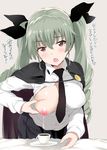  anchovy anzio_school_uniform bed_sheet black_neckwear black_skirt blush breast_milk breasts cape cup drill_hair girls_und_panzer green_hair grey_background hair_ribbon lactation long_hair long_sleeves medium_breasts necktie nipples noripachi one_breast_out open_mouth pleated_skirt red_eyes ribbon saucer school_uniform shirt simple_background skirt solo teacup twin_drills twintails white_shirt 