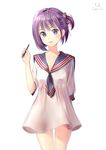  artist_name bow cowboy_shot dress hair_bow highres la_campanella looking_at_viewer open_mouth original purple_eyes purple_hair sailor_dress see-through short_hair side_ponytail smile solo stylus white_background 