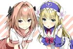 1other alternate_costume androgynous apron astolfo_(fate) blonde_hair blue_eyes blush braid chevalier_d'eon_(fate/grand_order) dress enmaided fang fate/apocrypha fate/grand_order fate_(series) hair_ribbon long_hair looking_at_viewer maid maid_apron maid_headdress male_focus open_mouth otoko_no_ko pink_hair purple_eyes ribbon single_braid sky_(freedom) smile 
