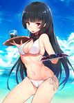  bad_food bangs bikini black_hair blue_sky blunt_bangs breasts cloud cloudy_sky cup day drinking_glass hair_ribbon highres isokaze_(kantai_collection) kantai_collection long_hair looking_at_viewer medium_breasts navel orihi_chihiro plate red_eyes red_ribbon ribbon side-tie_bikini sky solo string_bikini swimsuit tray very_long_hair white_bikini 